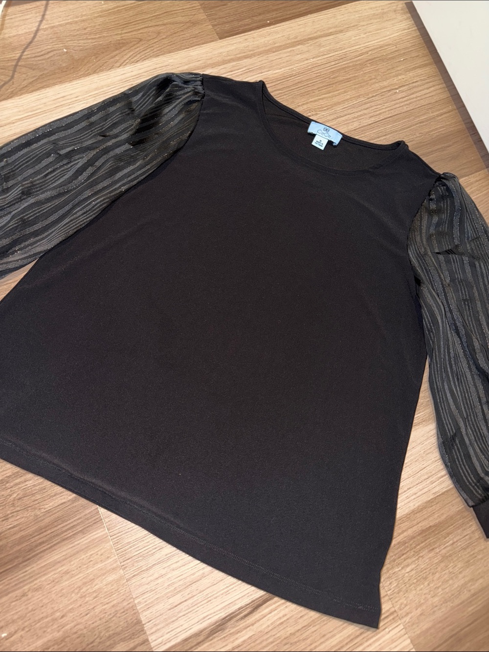 CeCe Black Long-Sleeve Top with Sheer Striped Puff Sleeves